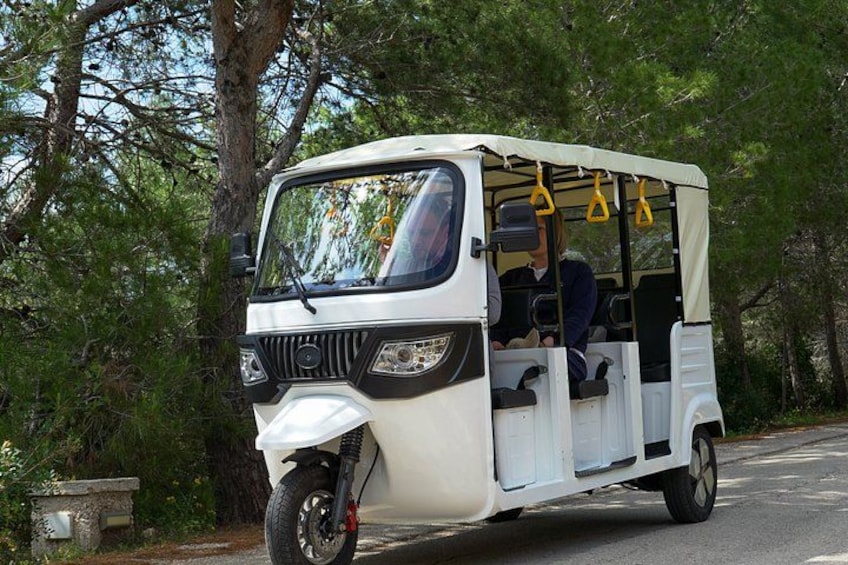 A white vehicle with a covered top, parked on a road surrounded by trees. 4