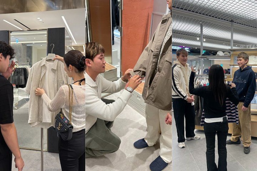 A clothing store with people browsing and trying on clothes. 4