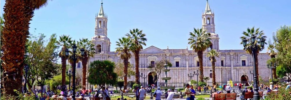 Un edificio histórico con dos torres, rodeado de palmeras y gente. 5