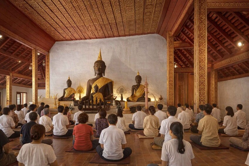 En grupp människor sitter i meditation inne i ett tempel med stora Buddha-statyer. 2