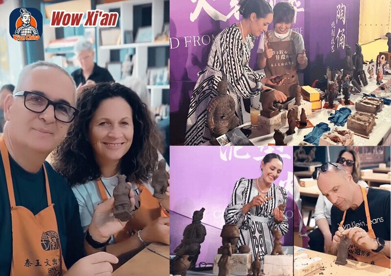 A workshop with people engaged in crafting activities, surrounded by various sculptural objects and tools. 4