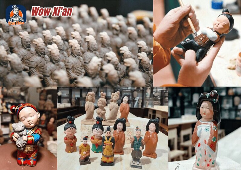Terracotta figurines, a person painting a figurine, and a variety of traditional Chinese dolls. 5