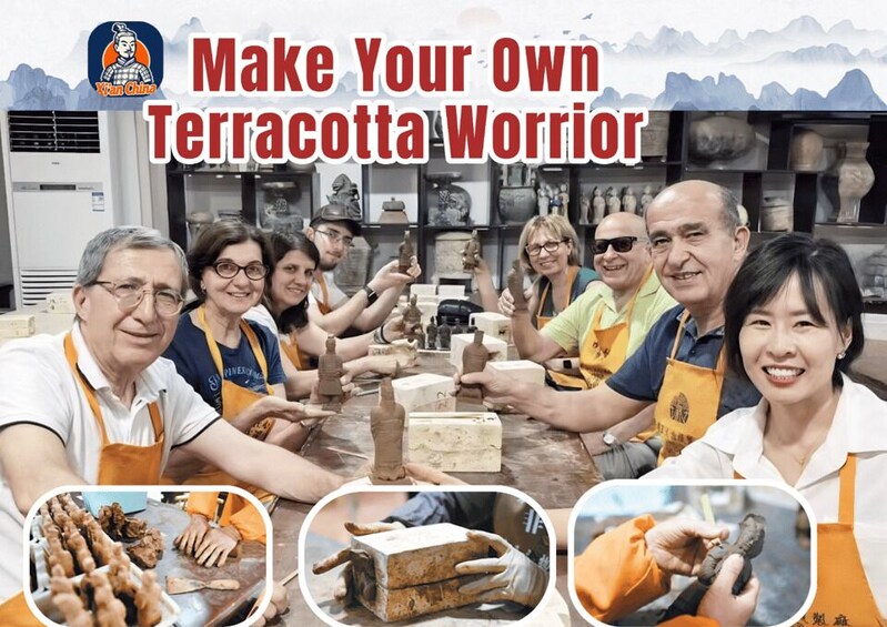 A group of people engaged in pottery making, with various stages of terracotta pieces displayed. 1