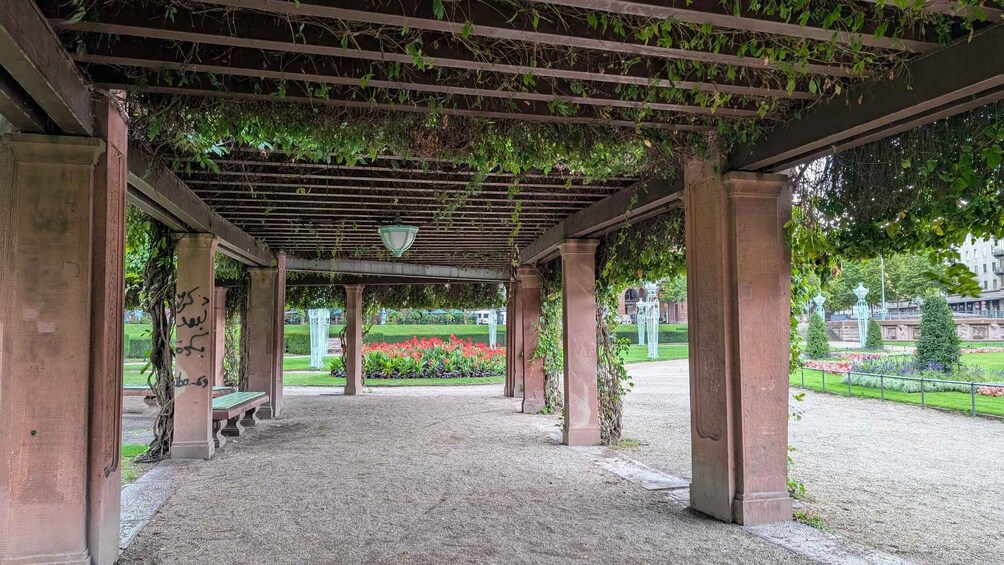 A covered pergola with climbing plants, a gravel path, and a bench. 2