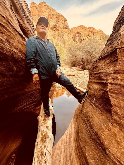 A person standing on a narrow rock ledge in a canyon with layered rock formations in the background. 1