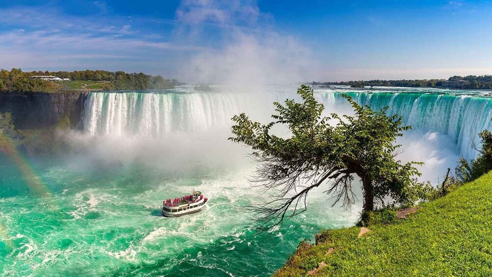 A boat navigating near a waterfall with a tree in the foreground. 4