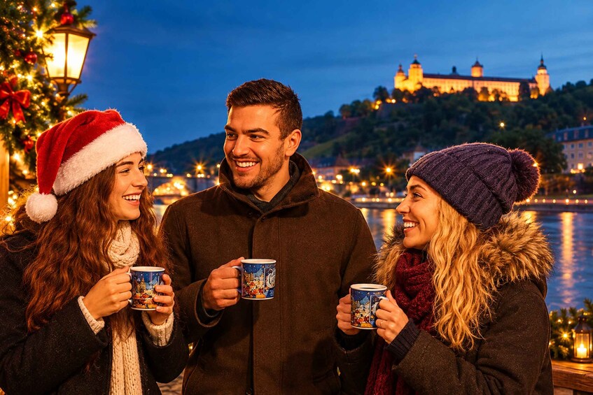 Tre personer holder kaffekopper, et juletræ med lys og et slot i baggrunden. 1