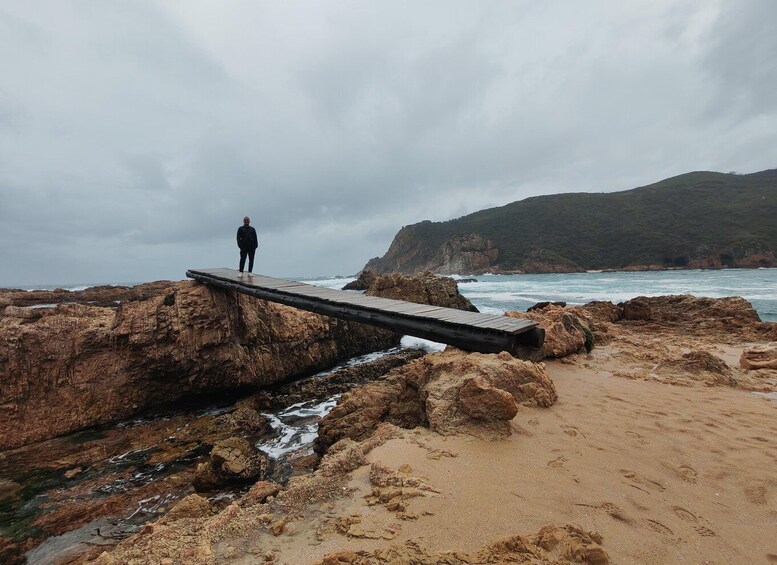 A person standing on a narrow wooden bridge over a rocky beach with waves crashing below. 1