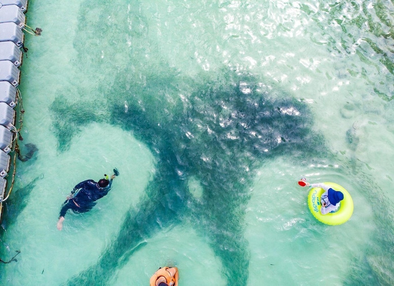 A person swimming in clear water, another person floating on a yellow raft, and a third person in a boat. 2
