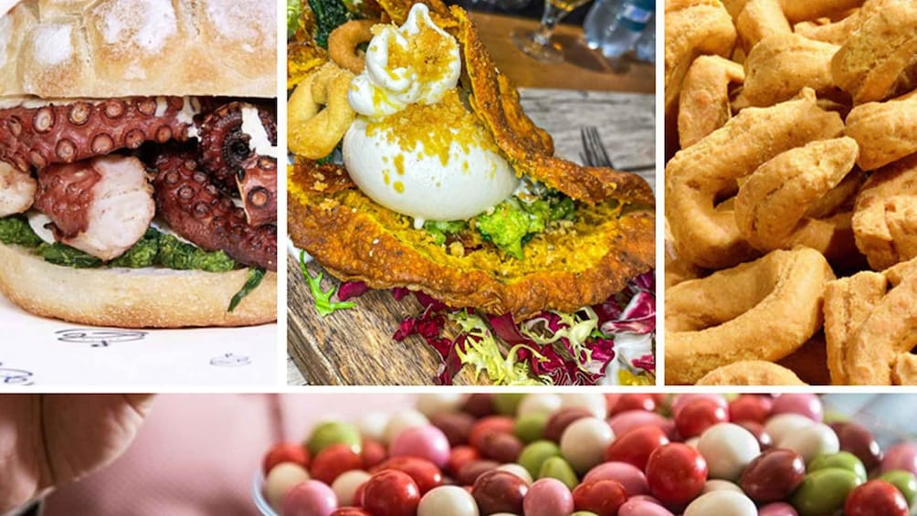 A sandwich with octopus, a dish with a poached egg, and fried snacks. 3