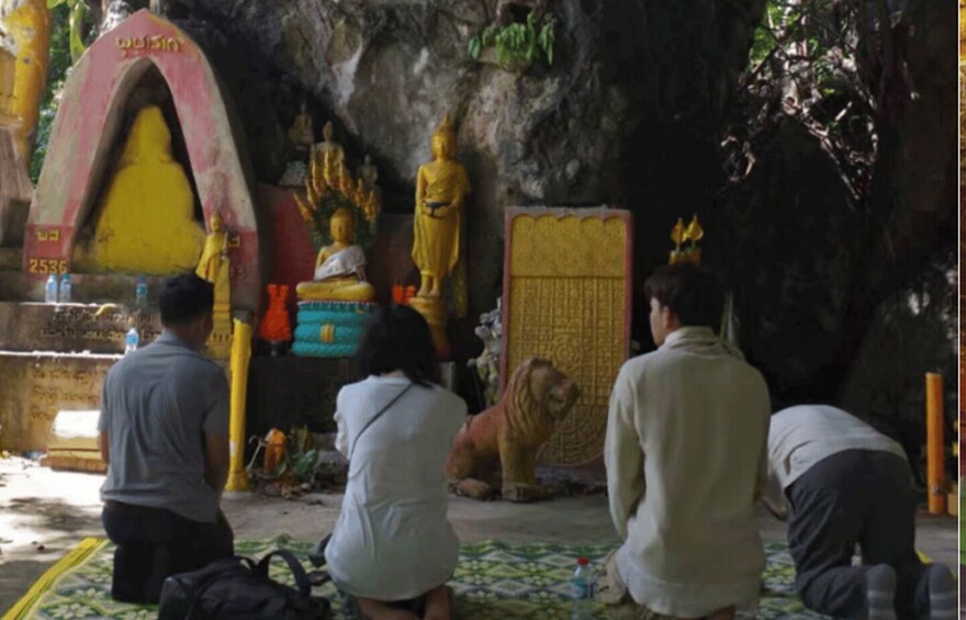 A cave temple with statues and a lion. 5