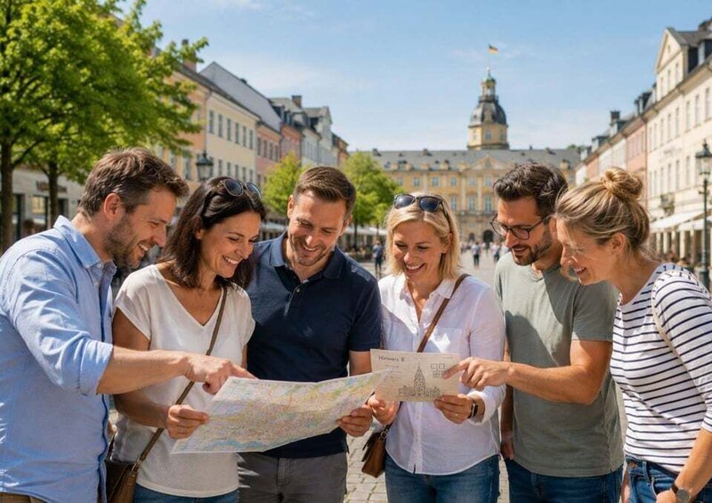 A group of people examining a map in a city square with historic buildings in the background. 2