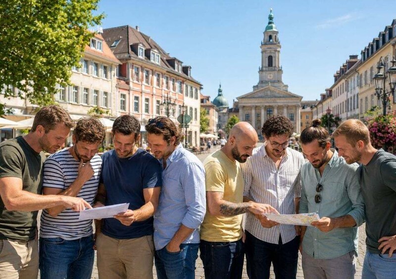 A group of people examining a map in a European city with historic buildings and a prominent church tower in the background. 3