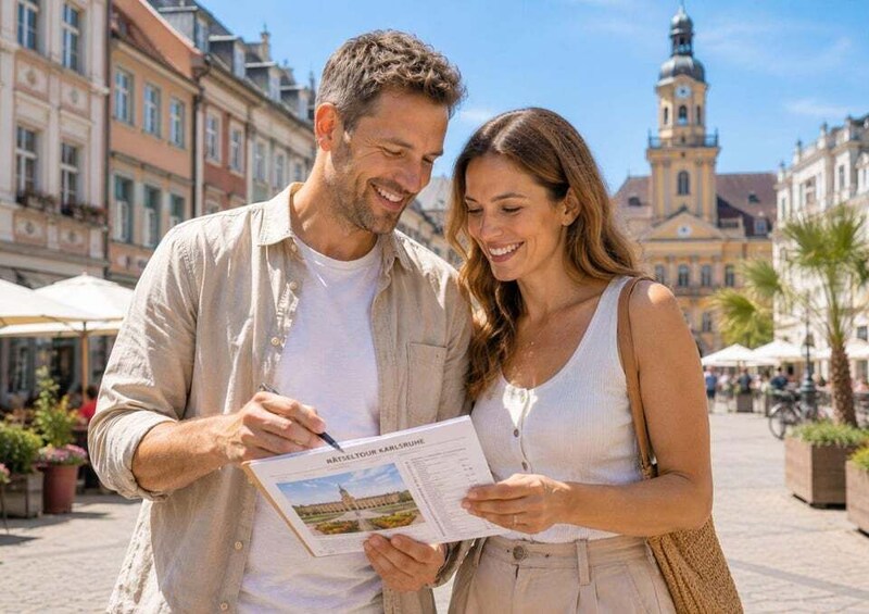 A couple holding a travel guidebook in a European city square with historic buildings and a church tower in the background. 4