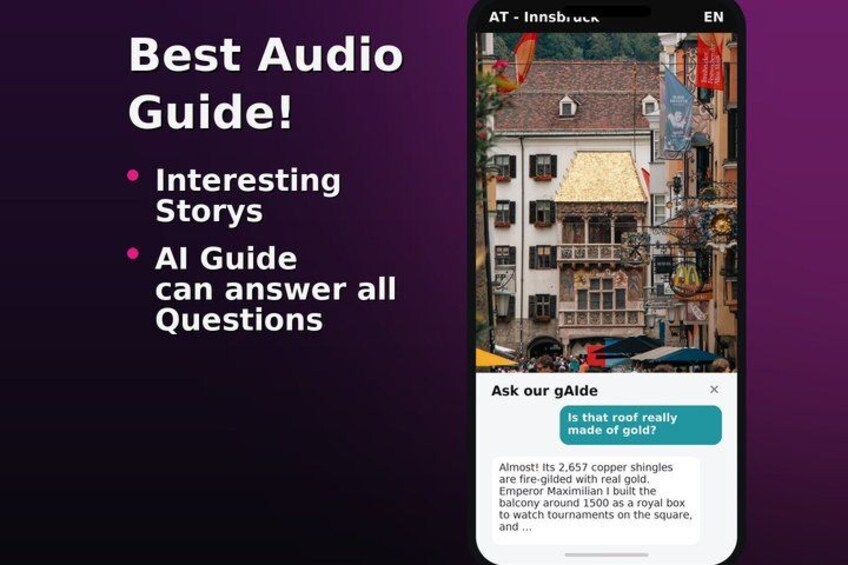 A smartphone displaying an audio guide with a question about a building's roof. 2