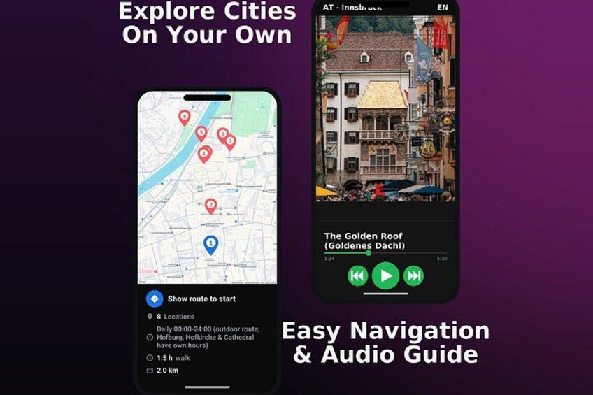 A smartphone with a map and an audio guide interface, indicating features like easy navigation and audio tours. 4