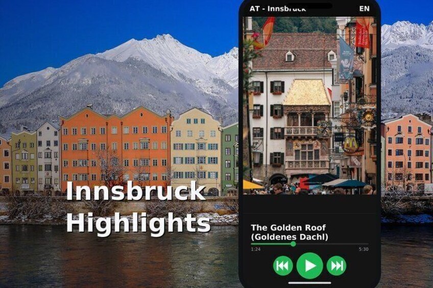 A smartphone displaying a scenic view of Innsbruck with colorful buildings and a snowy mountain in the background. 1