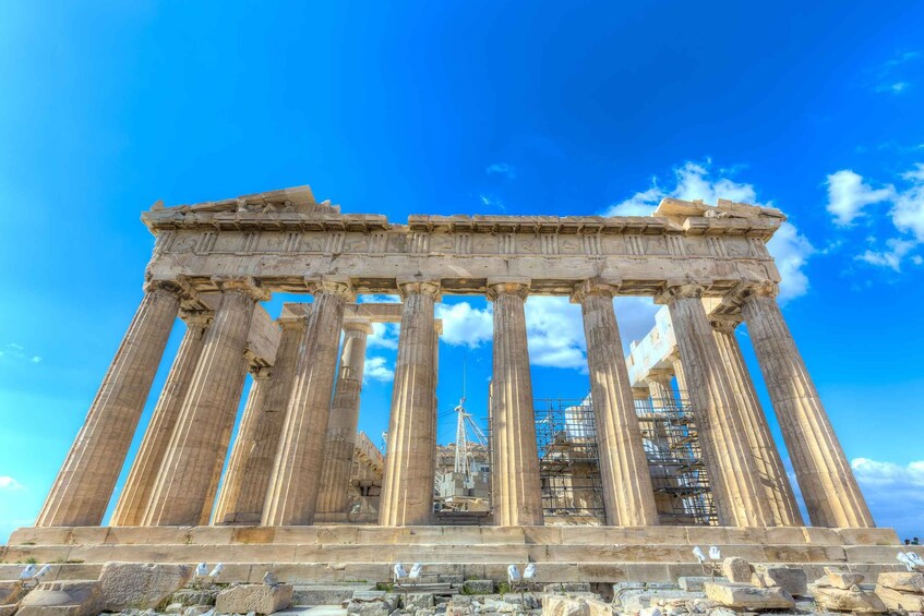 The Parthenon in Athens, Greece, with its iconic columns and partially intact structure. 3