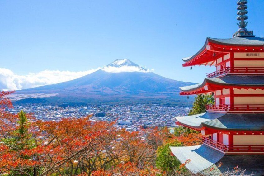 A pagoda, Mount Fuji, and autumn foliage. 5