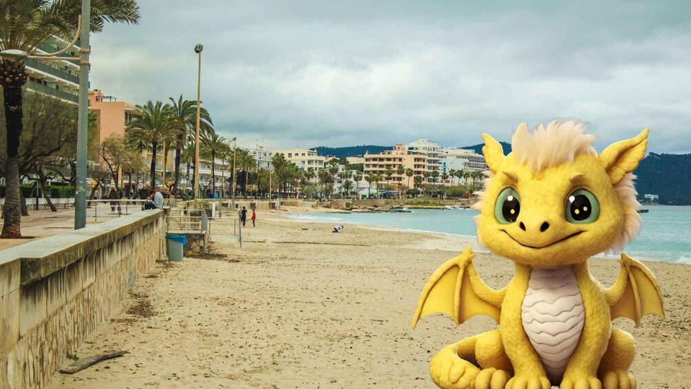 A beach with palm trees, a dragon mascot, and buildings in the background. 4