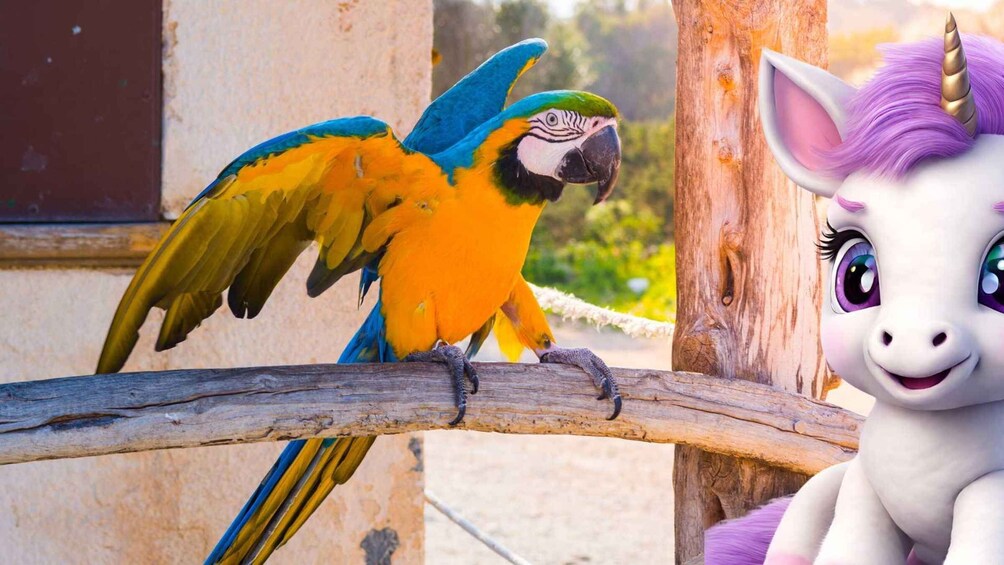 A colorful parrot perched on a branch next to a unicorn figure. 2