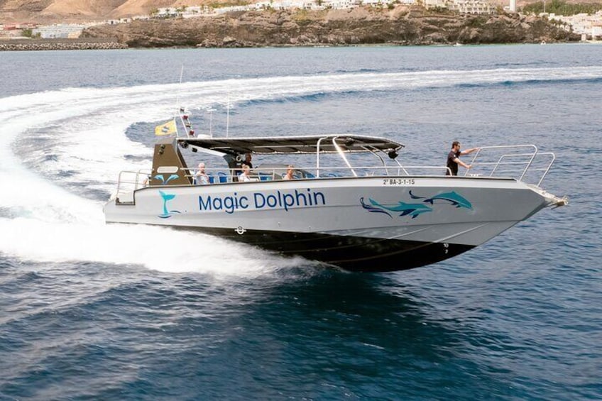 Un bateau appelé « Magic Dolphin », orné d’un logo représentant un dauphin et portant le numéro « 2 » sur sa coque, se déplace sur l’eau. 3