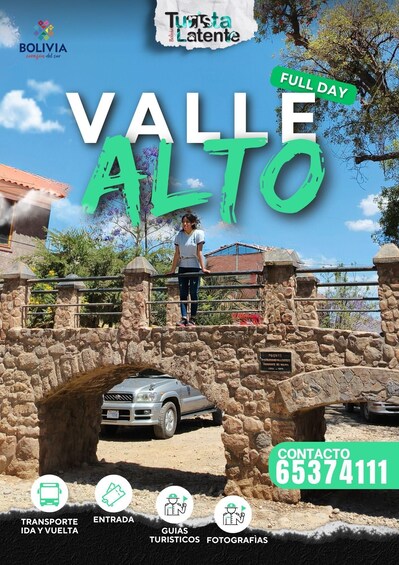 A promotional poster for a full-day tour in Valle Alto, Bolivia, featuring a stone bridge and a car. 1