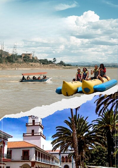 People rafting on a river, a boat in the background, and a coastal town with buildings and palm trees. 2