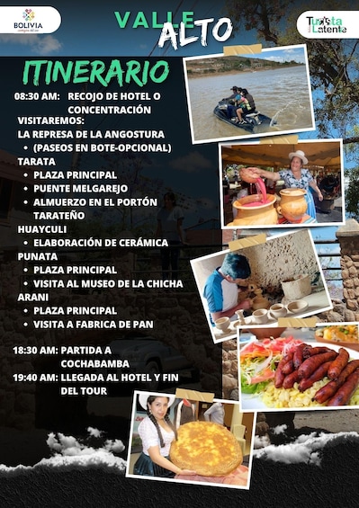 A travel itinerary for Valle Alto, including activities like boat rides, pottery making, and a visit to a bakery. 3