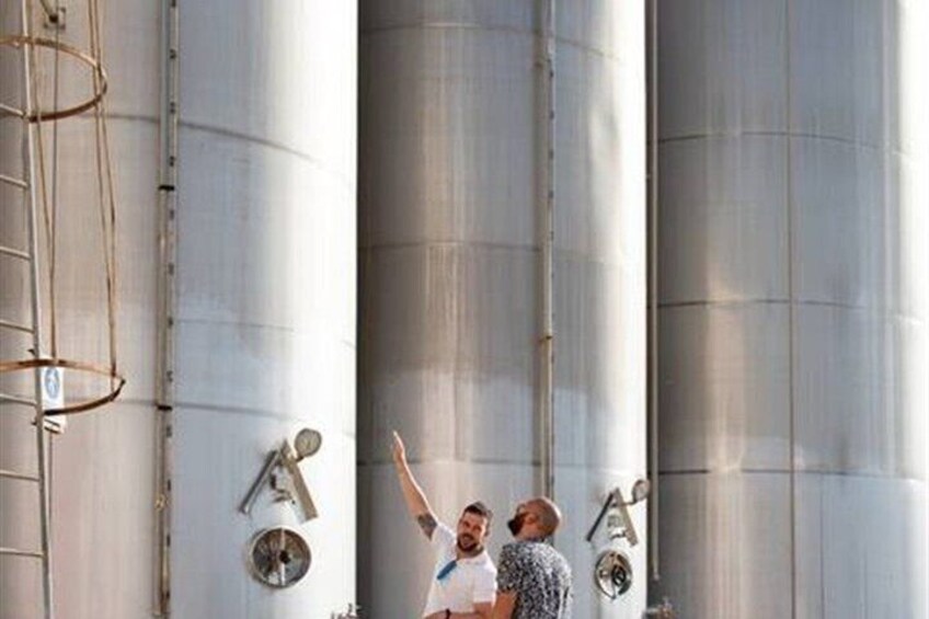 Three large industrial silos with a ladder and a person pointing upwards. 4