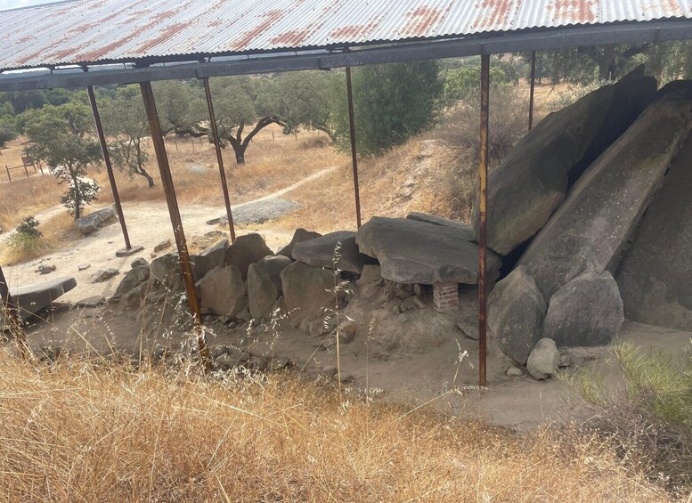 A rustic shelter with a corrugated metal roof, surrounded by dry grass and scattered rocks. 4