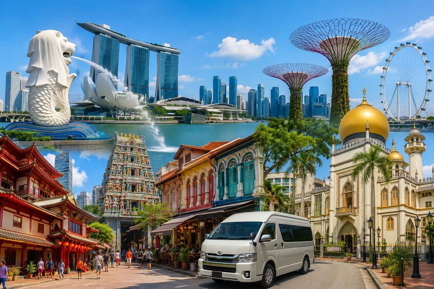A cityscape with landmarks like the Marina Bay Sands hotel, a large white statue, a traditional temple, and a golden-domed building. 1