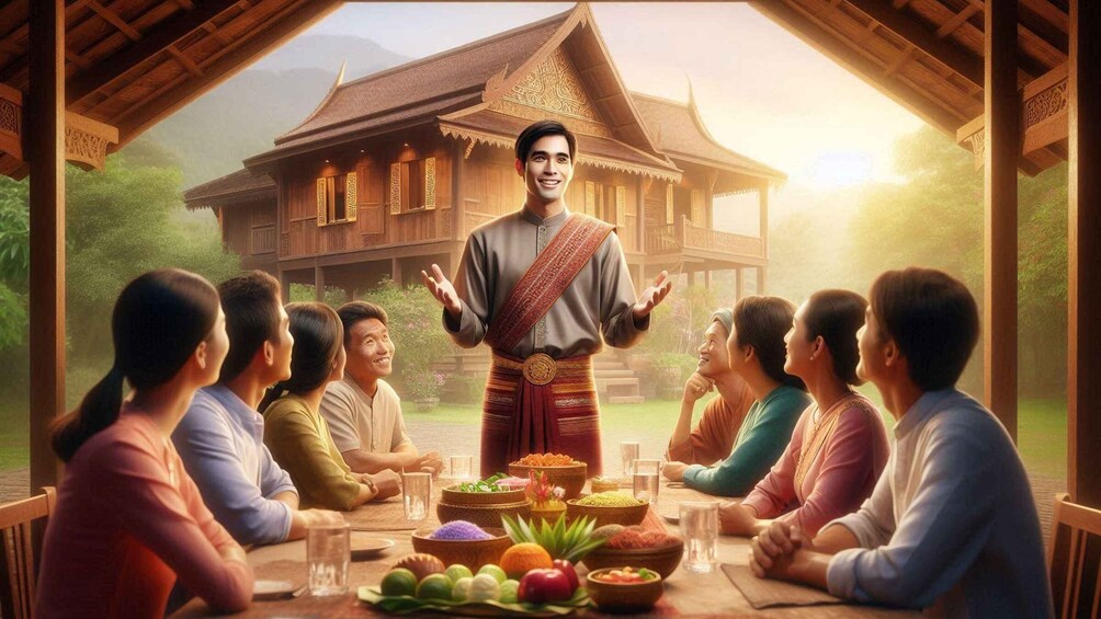 A traditional wooden house with intricate carvings, a person in traditional attire standing in front, and a group of people seated at a table with various dishes and fruits. 5