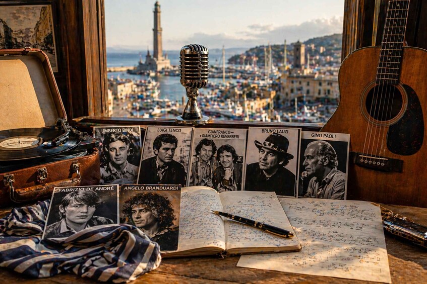 A desk with a vintage microphone, a guitar, a notebook with handwritten music, and photographs of musicians. 1