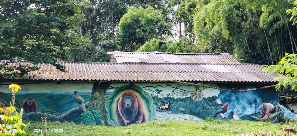 A mural with wildlife and a building with a corrugated metal roof. 5