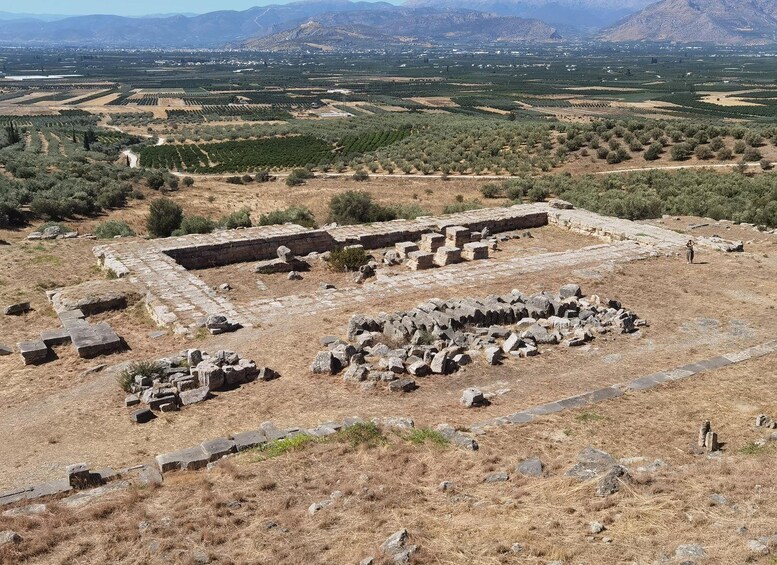 An ancient archaeological site with stone ruins and olive groves in the background. 2