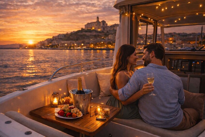 A couple on a boat with a sunset view of a city and hills. 1