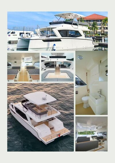 A white yacht docked at a marina with a view of a resort building in the background. 5
