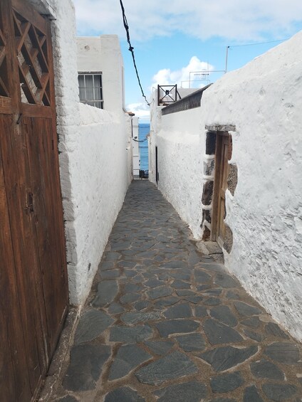 A narrow cobblestone alley flanked by white-washed buildings with a wooden door on the left and a stone archway on the right. 5