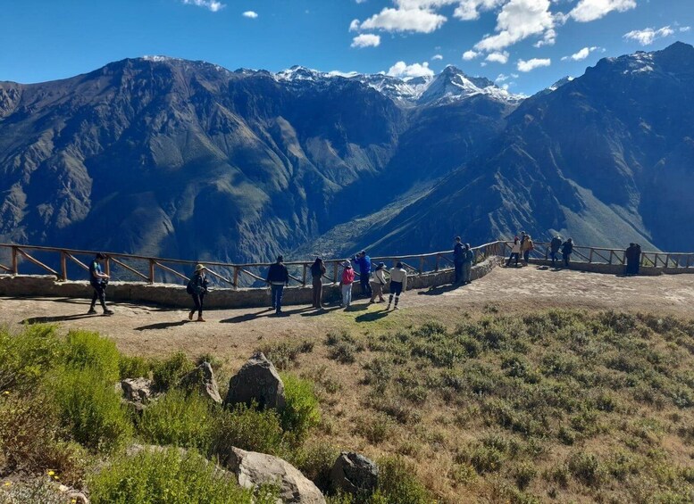 A group of people standing on a viewing platform overlooking a mountainous landscape with snow-capped peaks. 1