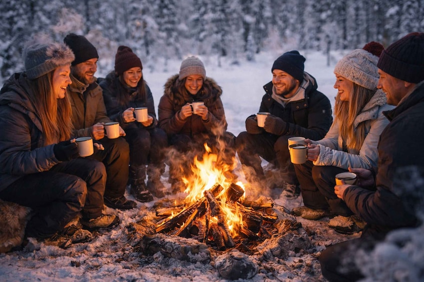 A group of people sitting around a campfire in a snowy outdoor setting. 5