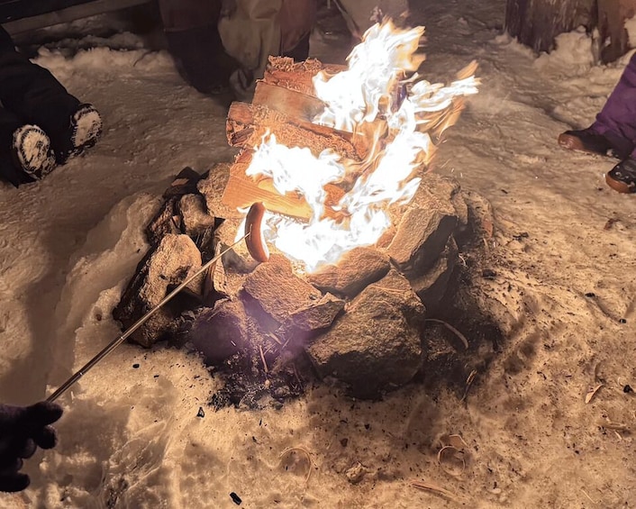 A campfire burning in a snowy outdoor setting. 3