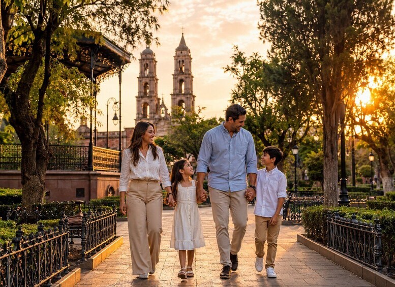 A family walking on a paved path with trees and a historic building in the background. 5