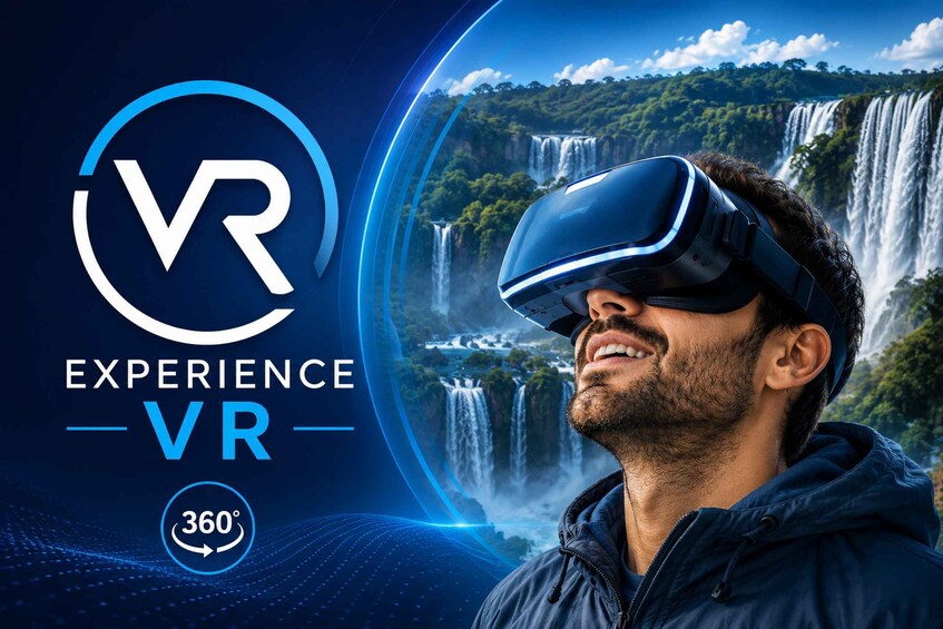 A person wearing a VR headset with a logo that reads 'VR EXPERIENCE VR' and '360°'. 2