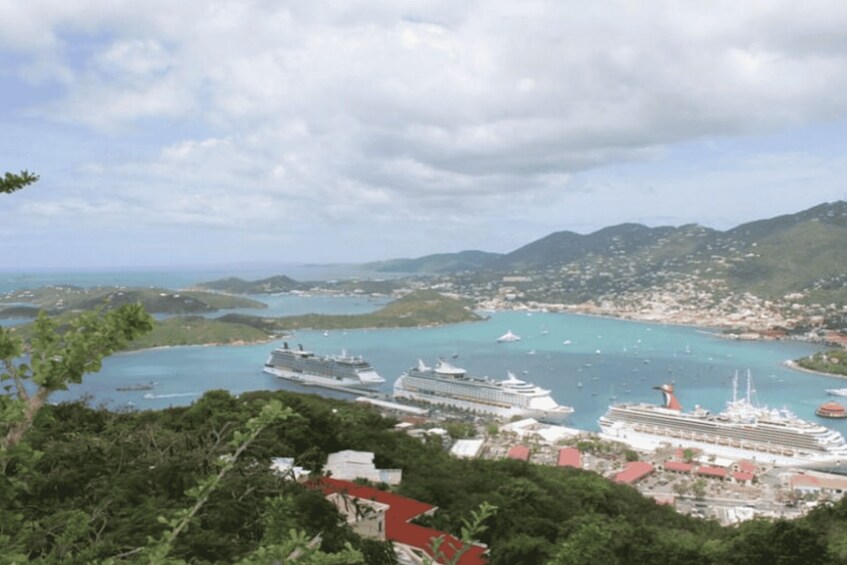 A coastal town with cruise ships docked at the harbor, surrounded by lush greenery and hills. 1