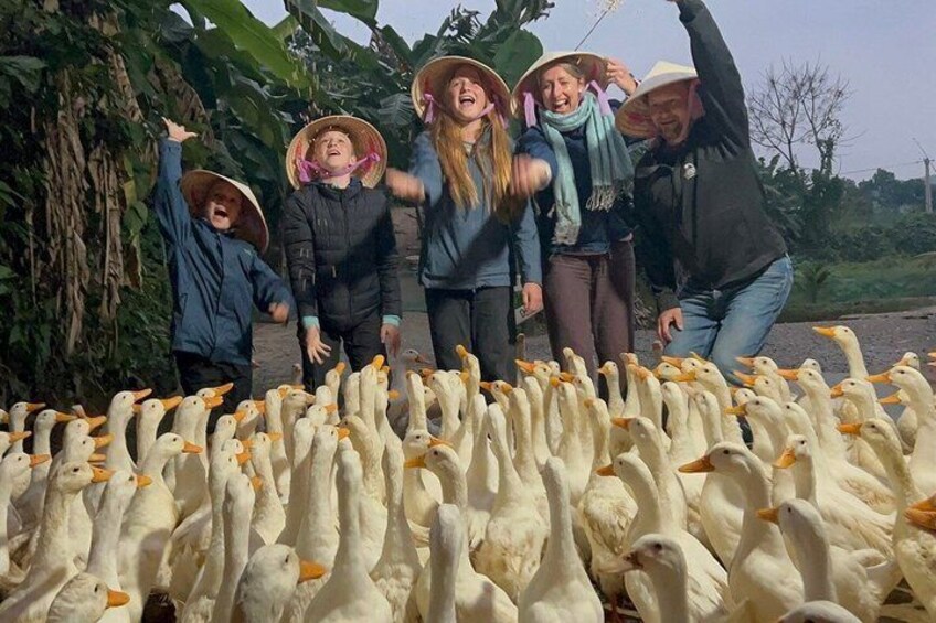 A group of people standing in a field with a large flock of geese. 3