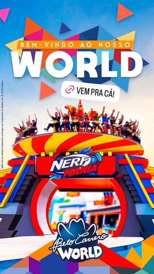 A roller coaster with a colorful design and the text 'NERF MANIA' and 'Bem-Vindo ao nosso WORLD'. 5