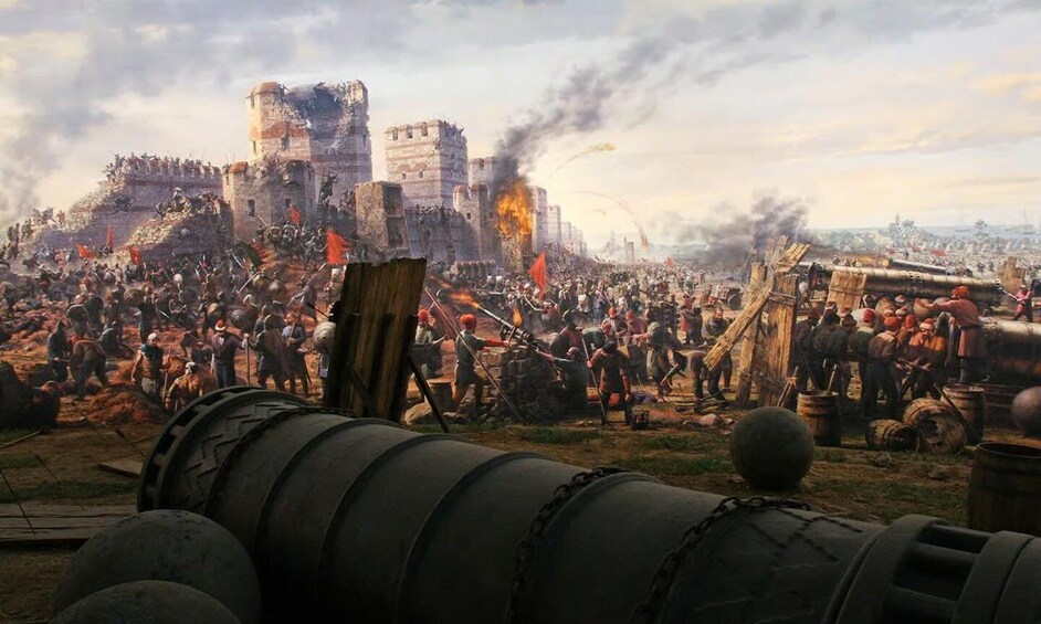 A historical battle scene with soldiers, cannons, and a burning castle. 3