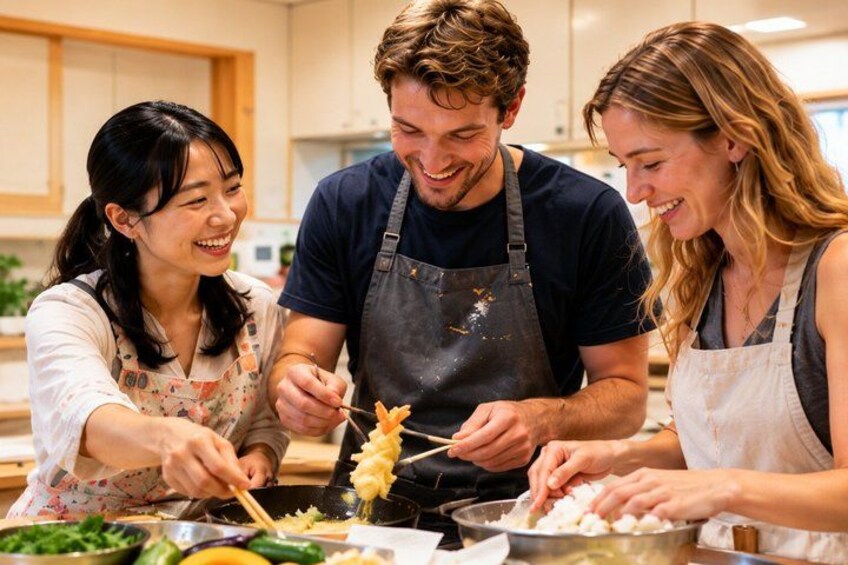 Three people cooking with chopsticks in a kitchen. 1