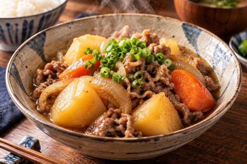 A bowl of stew with meat, potatoes, carrots, and green onions. 2